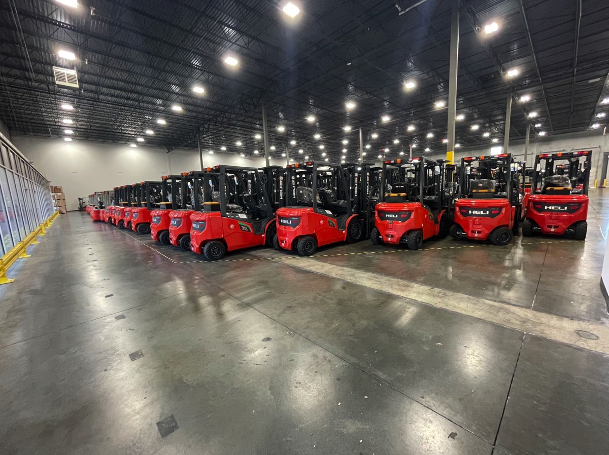 Warehouse showing rows and rows of New Heli Forklifts